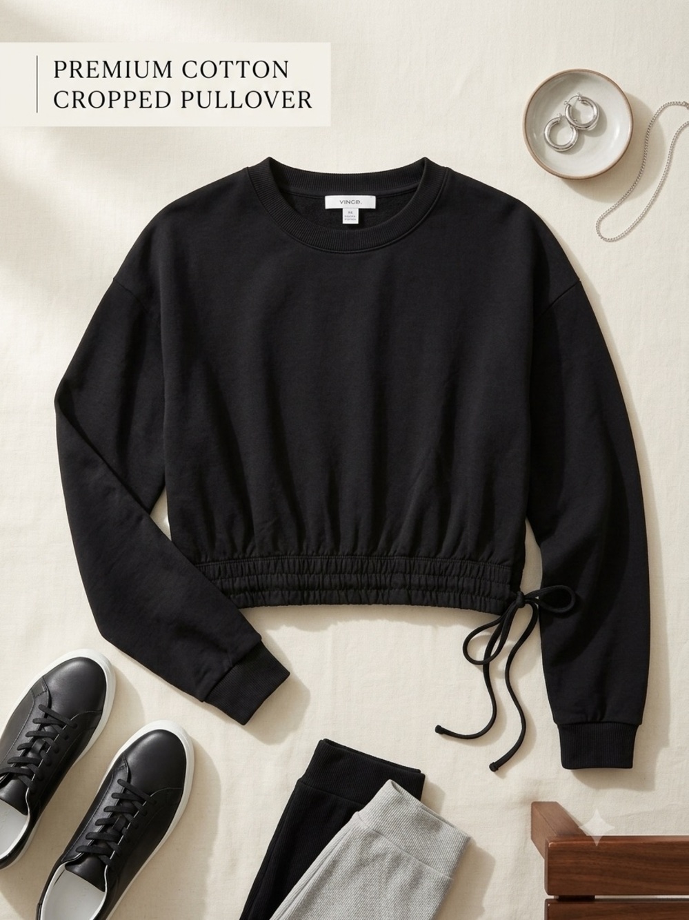 Vince Black Cropped Cotton Pullover Sweatshirt